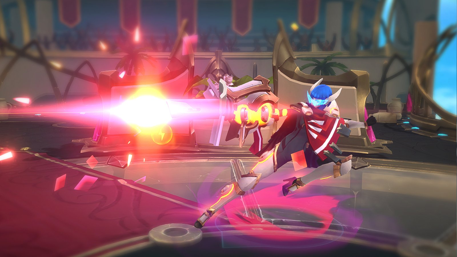 A screenshot of a character shooting a read beam during one of the best MOBA games ever made, Battlerite.