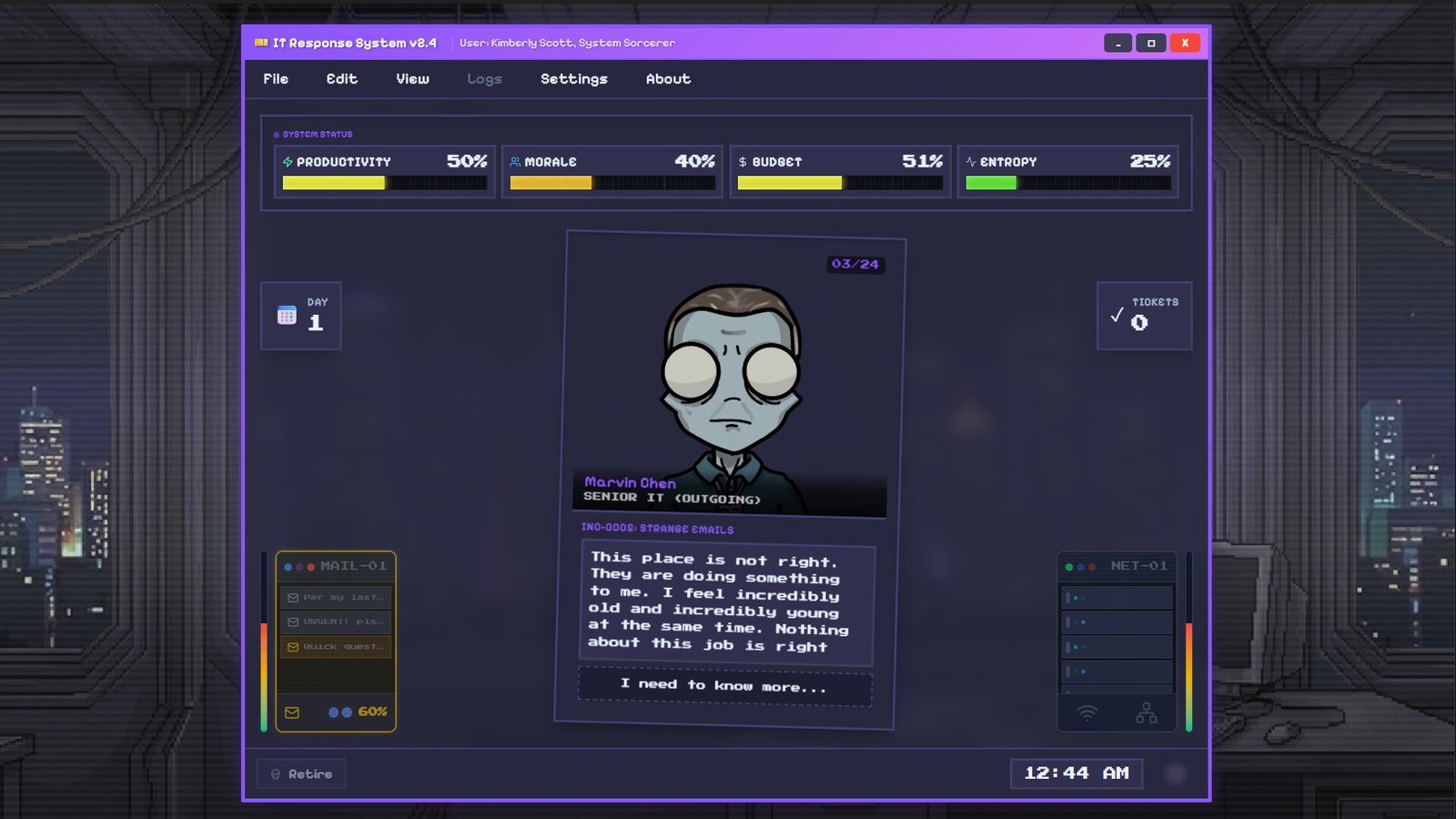 Screenshot of I.T. Never Ends, showing a PC with a chat box open