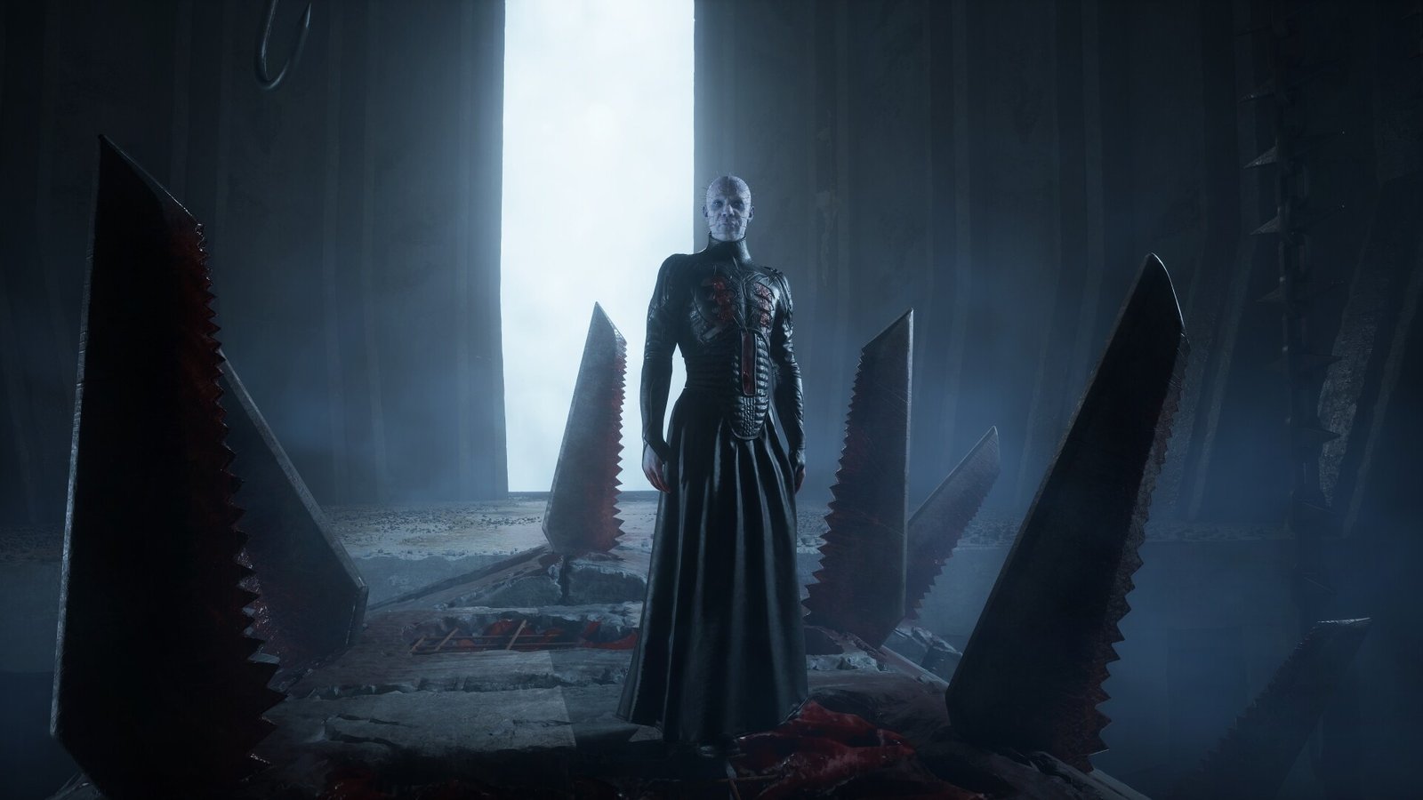 Pinhead standing in a room with saw blades all around him in Clive Barker's Hellraiser: Revival