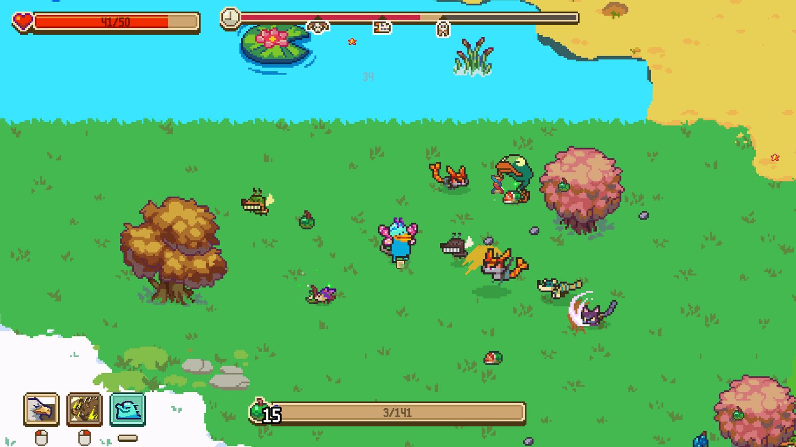 In Everything is Crab, a little blue creature with butterfly-like wings stands on a field with other pixelated creatures
