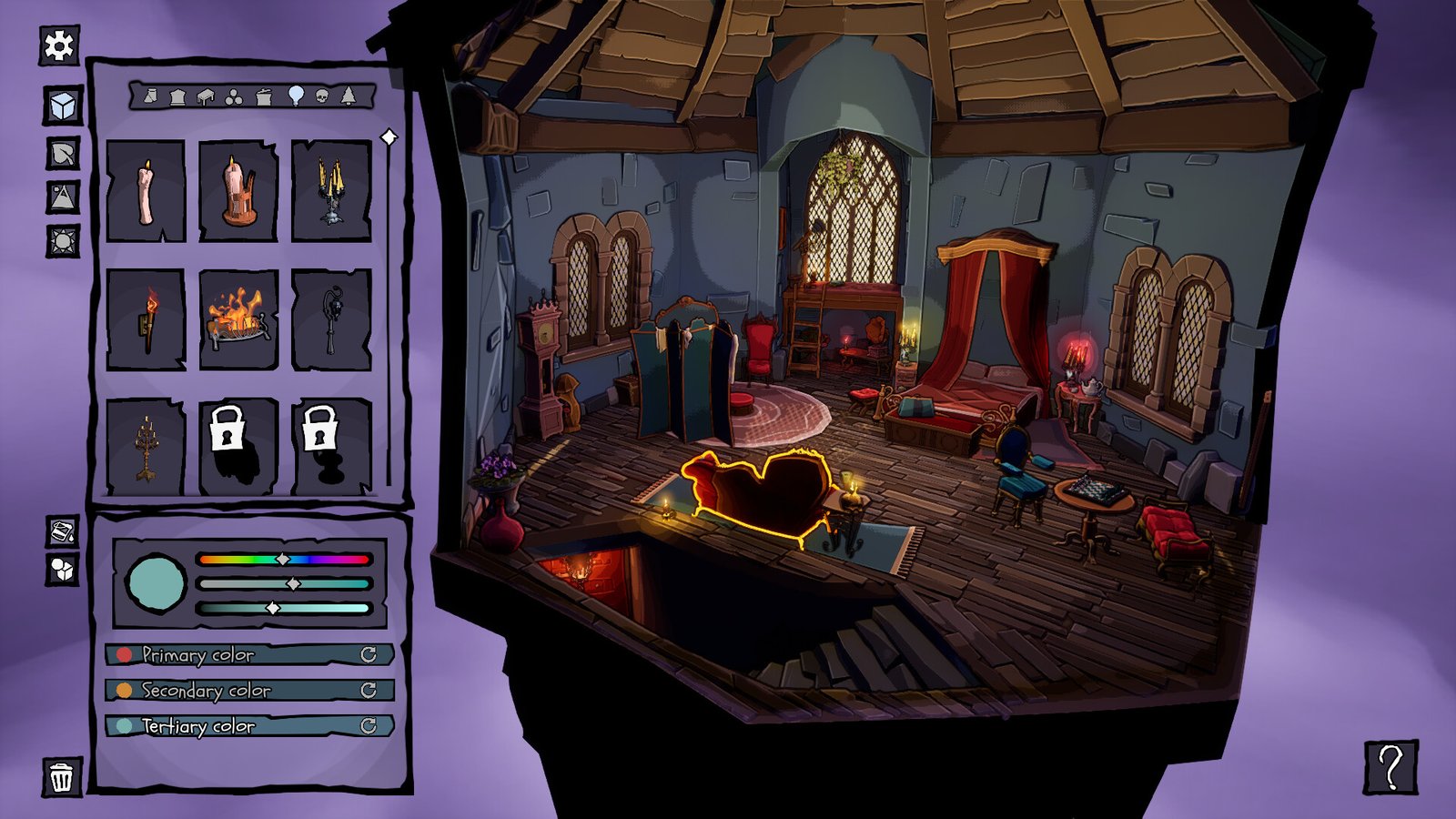 My Eerie Lair screenshot showing the interior of a vampire's lair with various decorating options