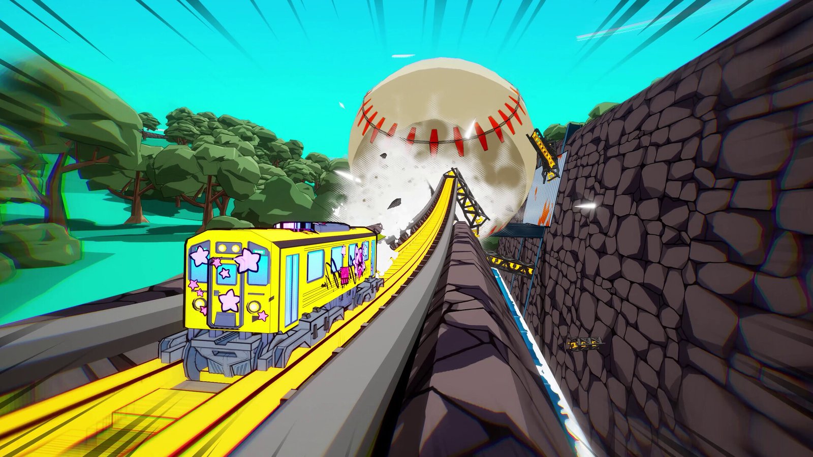 Denshattack screenshot showing a yellow train on a track that's being pursued by a giant baseball