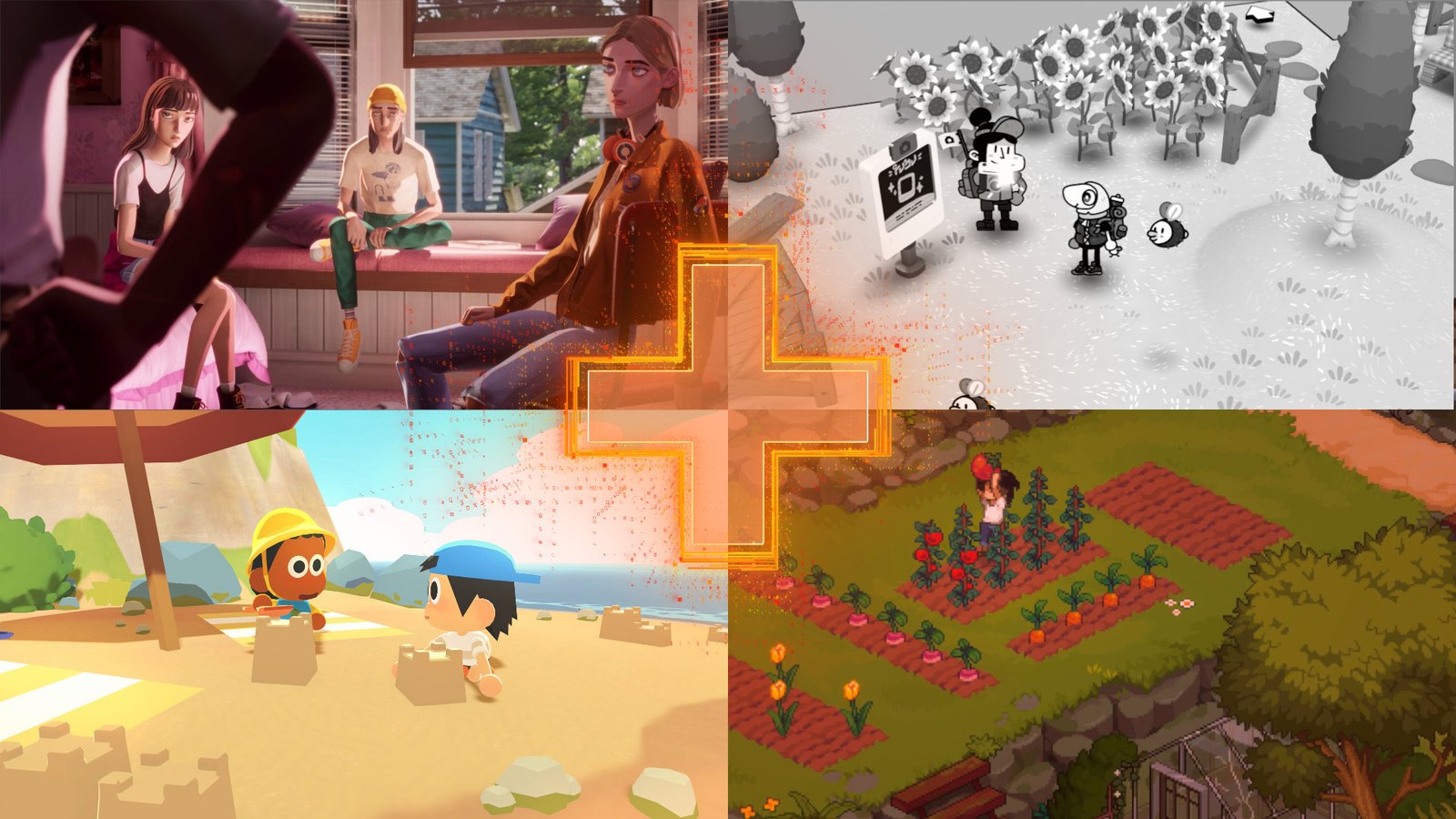 Upcoming indie games for 2026 showing images from Mixtape, Toem 2, Find your Words, and Grave Seasons