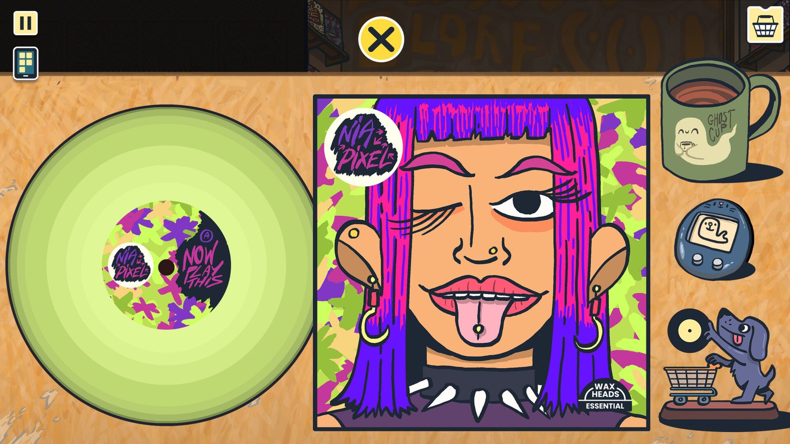In Wax Heads, a record cover lays on a table next to a mug with a ghost decal. The record cover is titled Nia Pixel and features woman with purple hair sticking her pierced tongue out and winking.