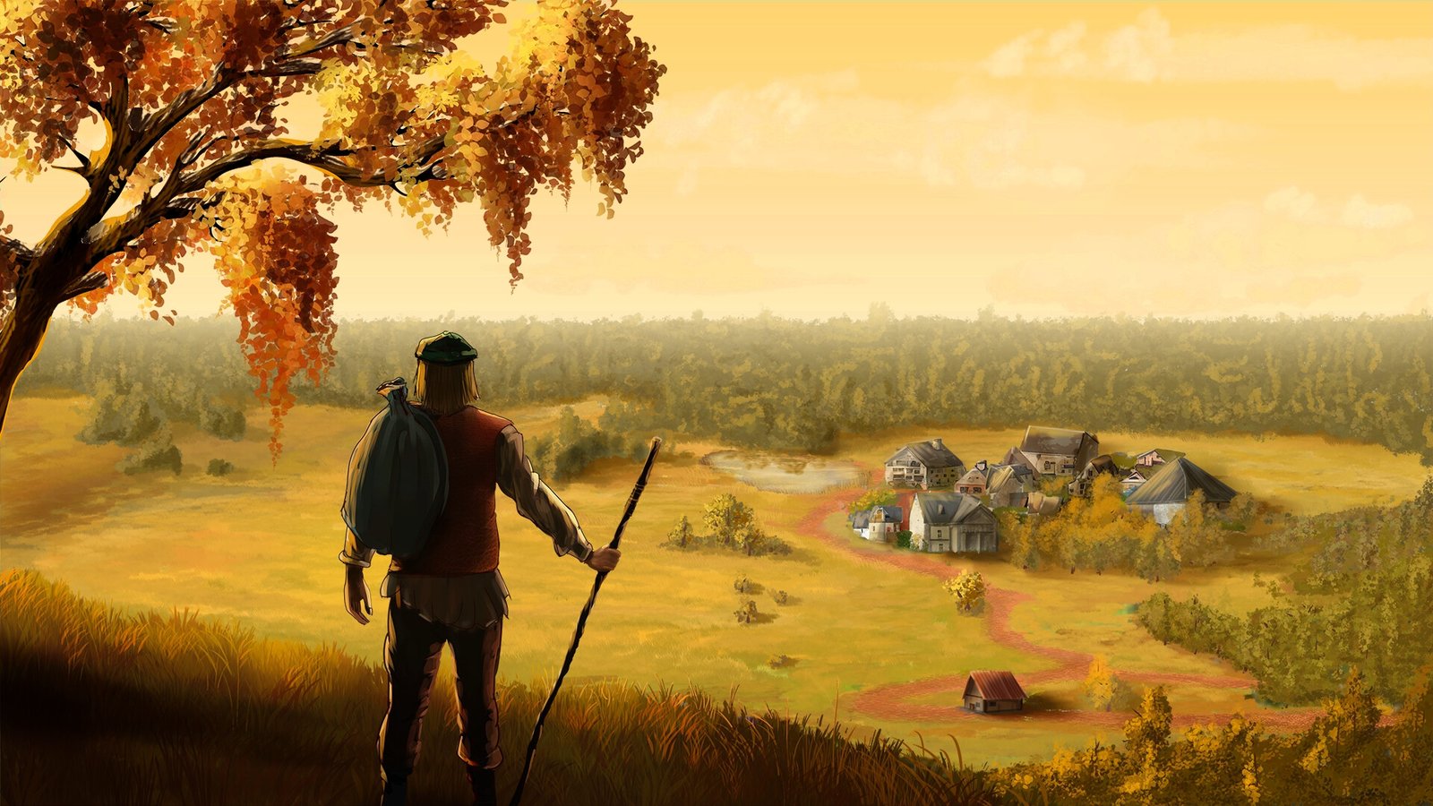 Book Smugglers screenshot of the Smuggler wearing a bag over his shoulder and holding a walking stick, looking out over a small hamlet in a foresty glen