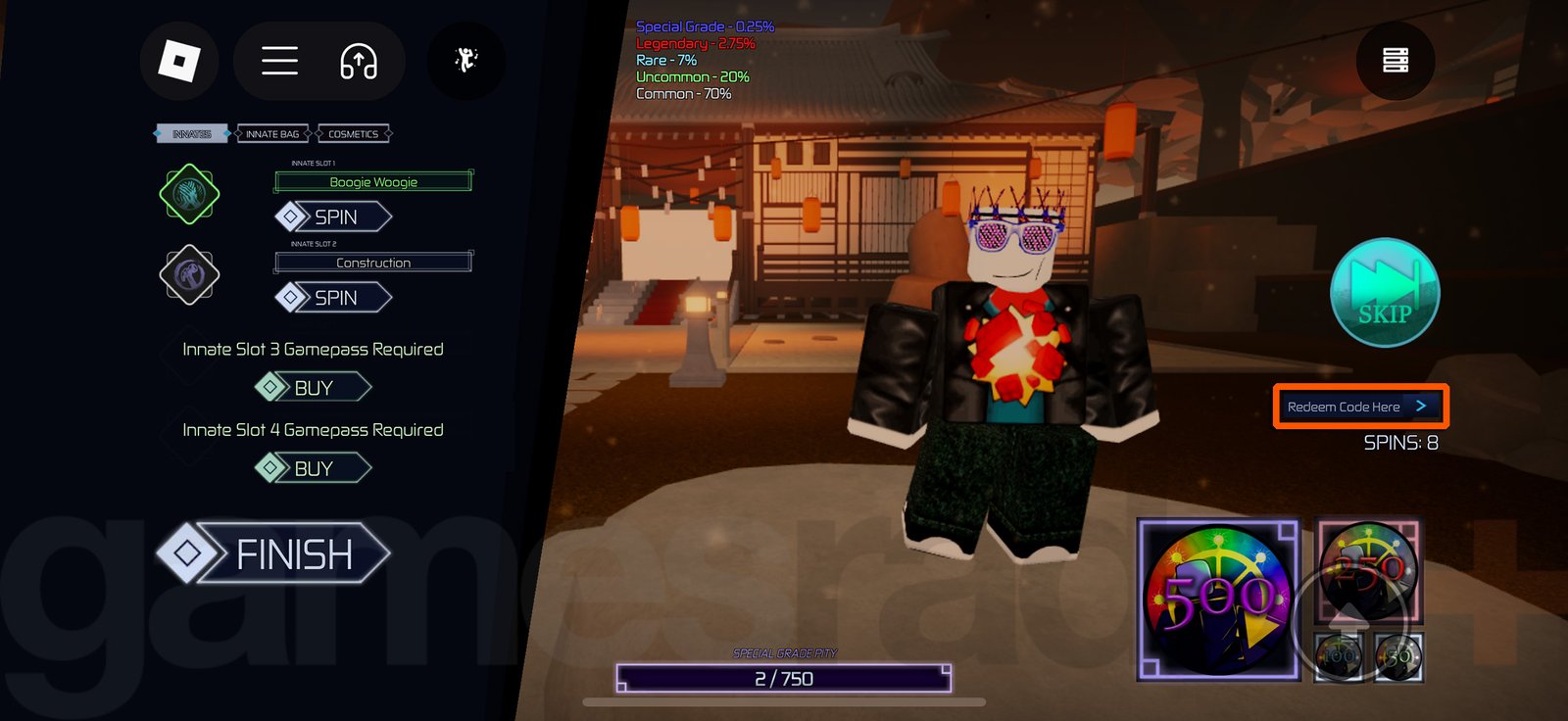 Redeeming Jujutsu Infinite codes via the customize menu