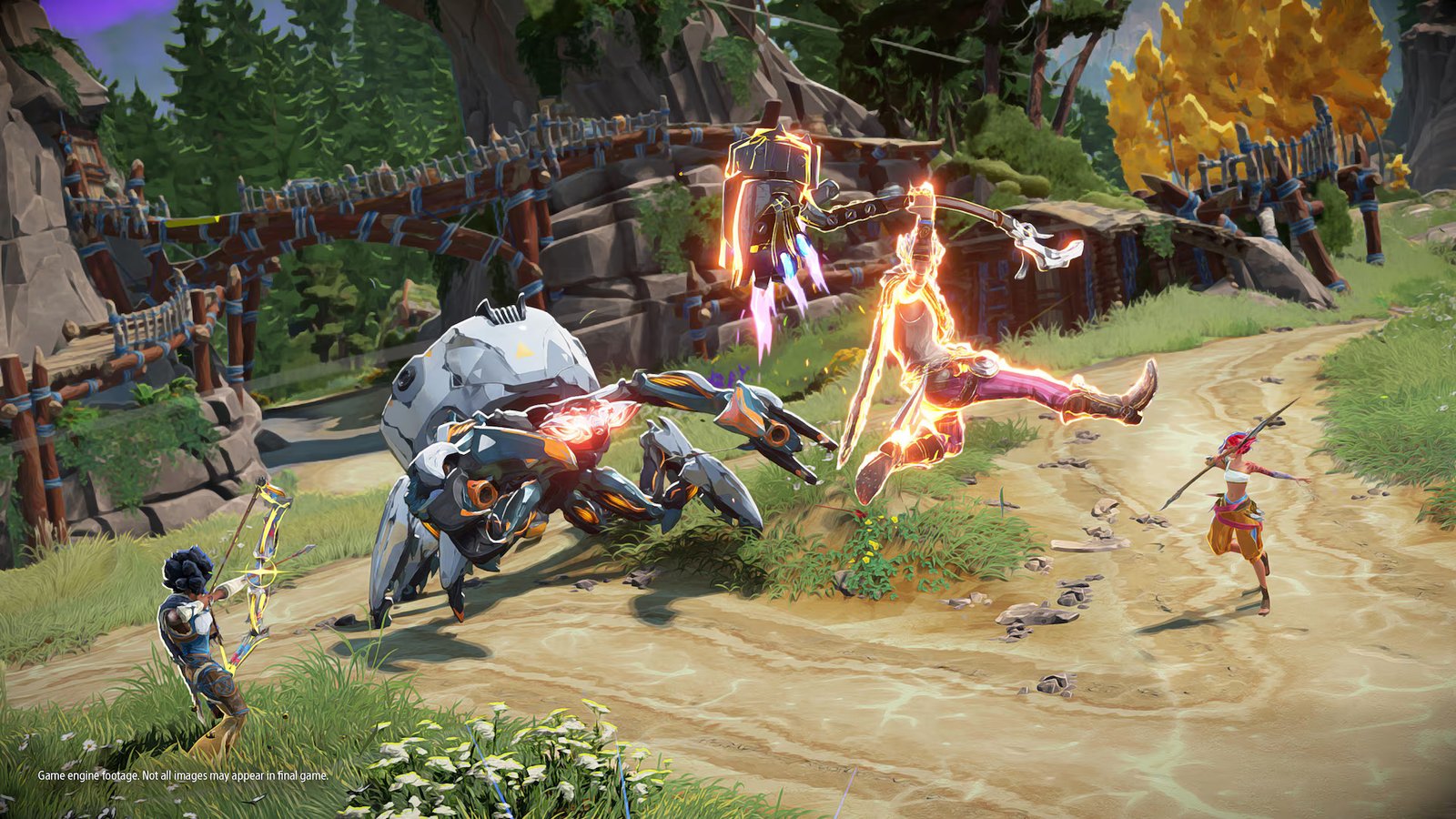 Three hunters shooting arrows at a robot spider enemy during Horizon Hunters Gathering