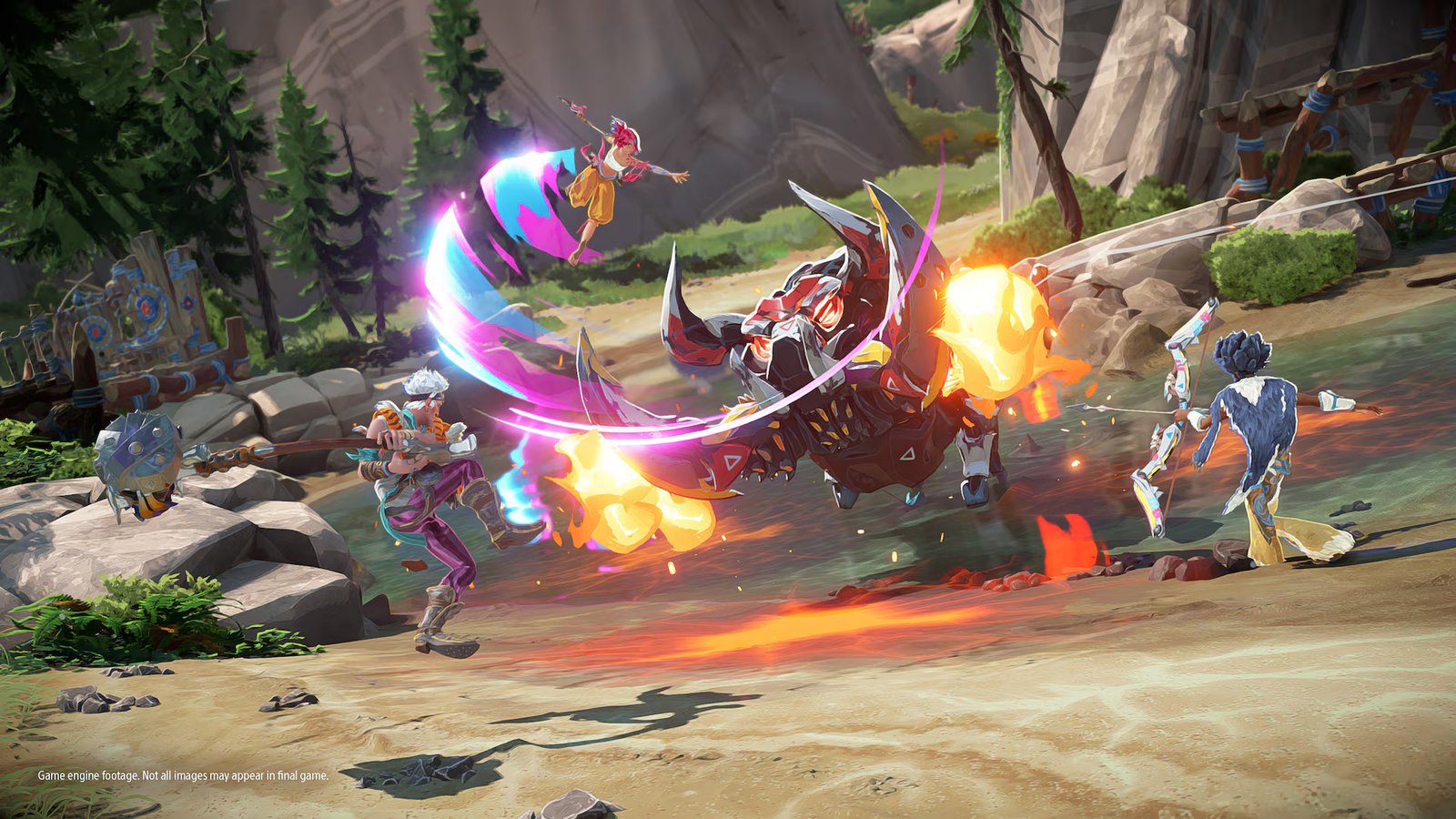 A group of three hunters in the middle of a fight with a mechanical bull creature during Horizon Hunters Gathering