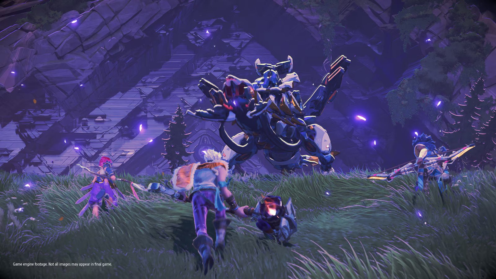 Three hunters running towards an enemy at night during Horizon Hunters Gathering