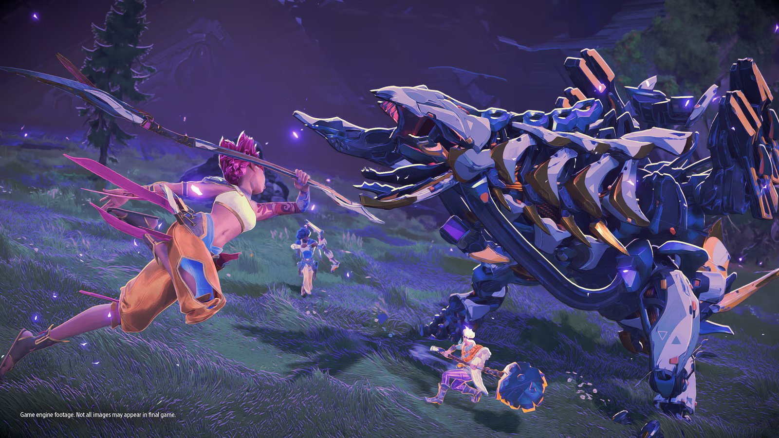 A group of hunters fighting a skeleton creature at night during Horizon Hunters Gathering