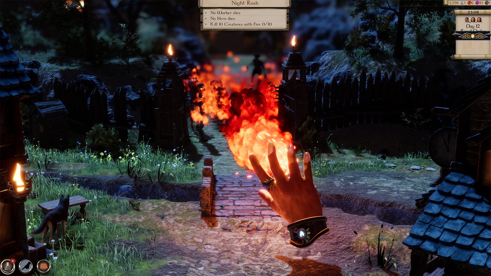 Masters of Albion gameplay showing the hand of a god casting fire upon enemies at night