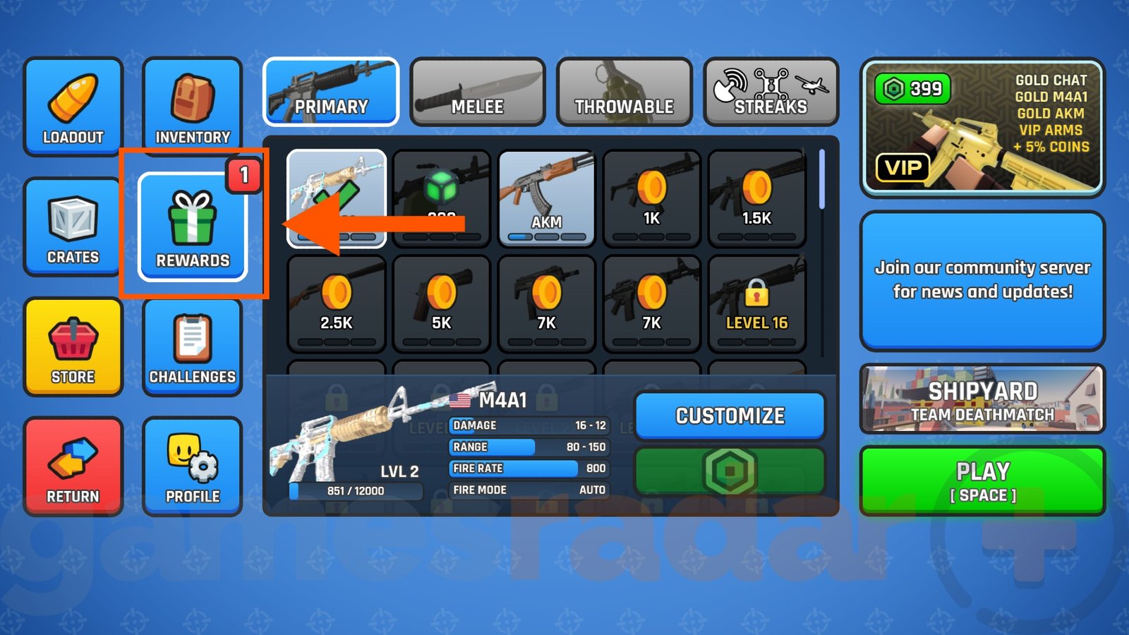 The Rewards section of the menu in which you can redeem Combat Arena codes