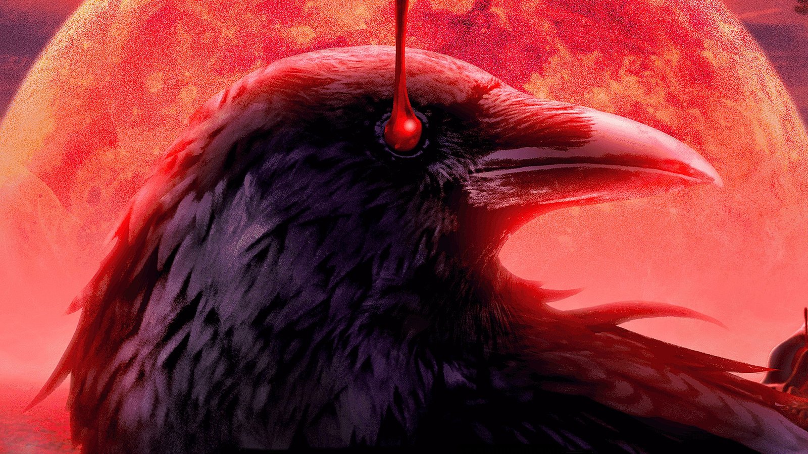 A crow with a drop of blood falling upwards from its eye sits in front of a blood-red moon