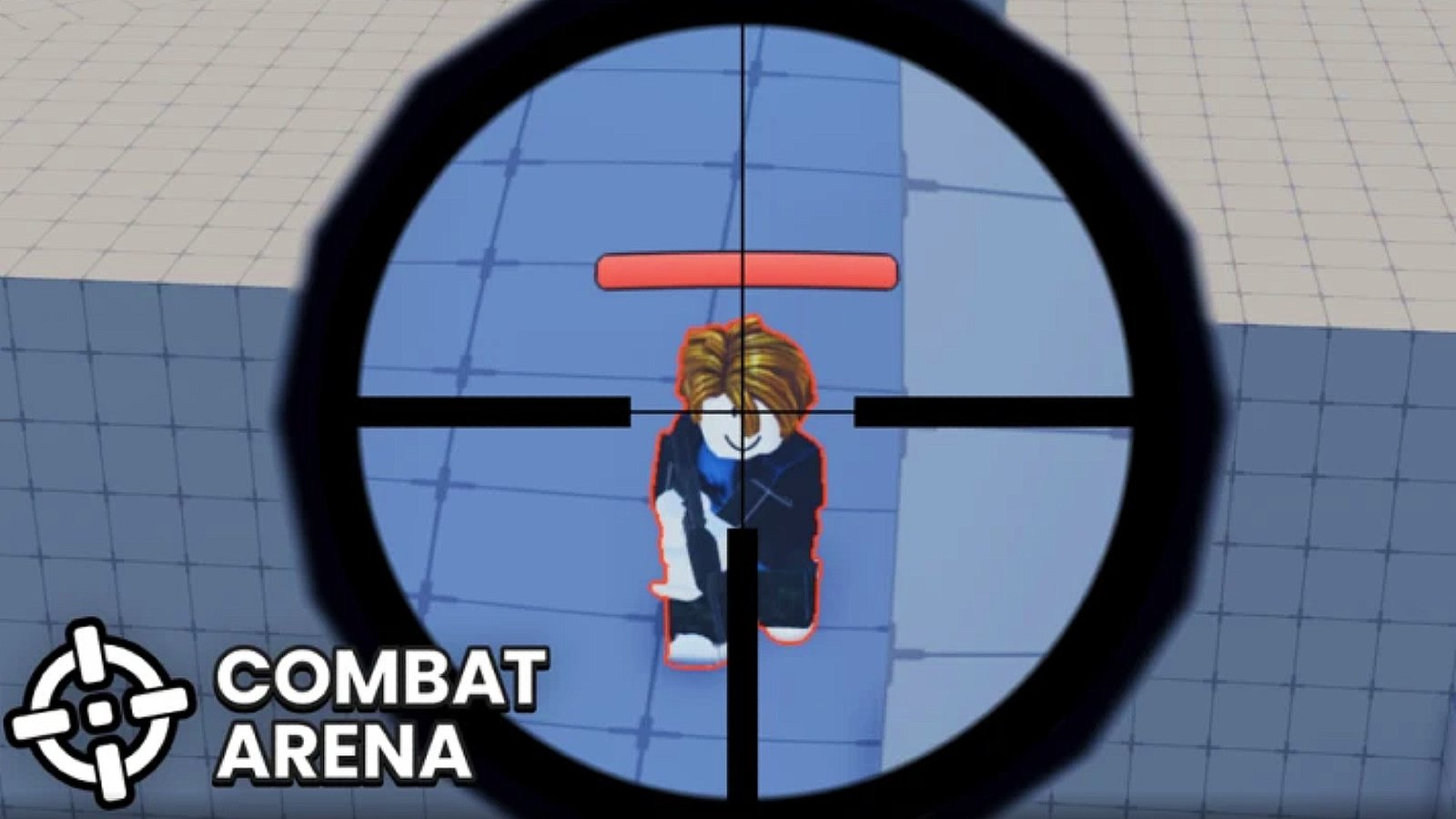 An enemy player stands in the crosshairs of the player's sniper rifle in Combat Arena.