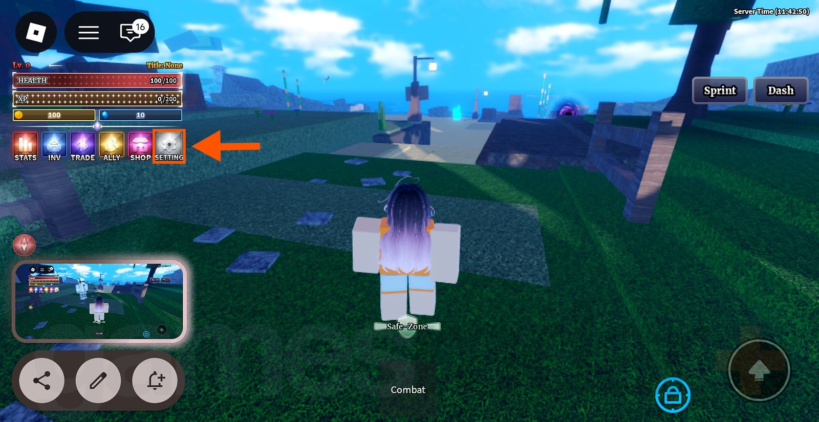 An arrow points to the settings menu in-game where you can redeem Sailor Piece codes.