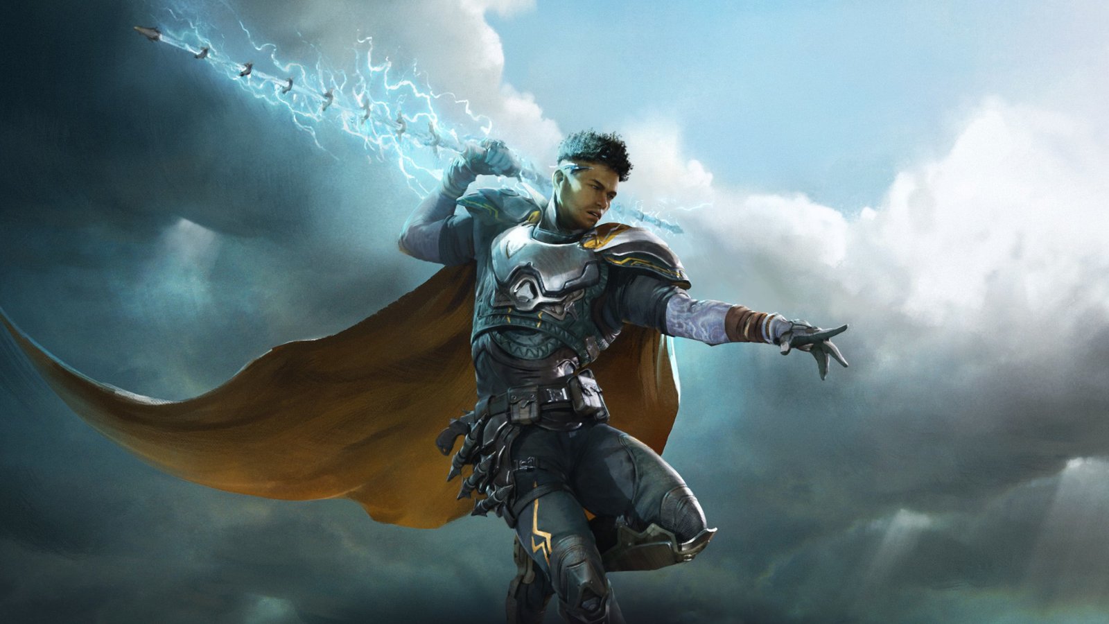 Load screen artwork for Atticus in Highguard, leaping in front of clouds with a charged lightning spear