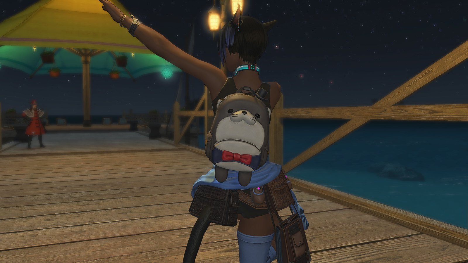 A Final Fantasy 14 character poses with the Senor Otter Pack
