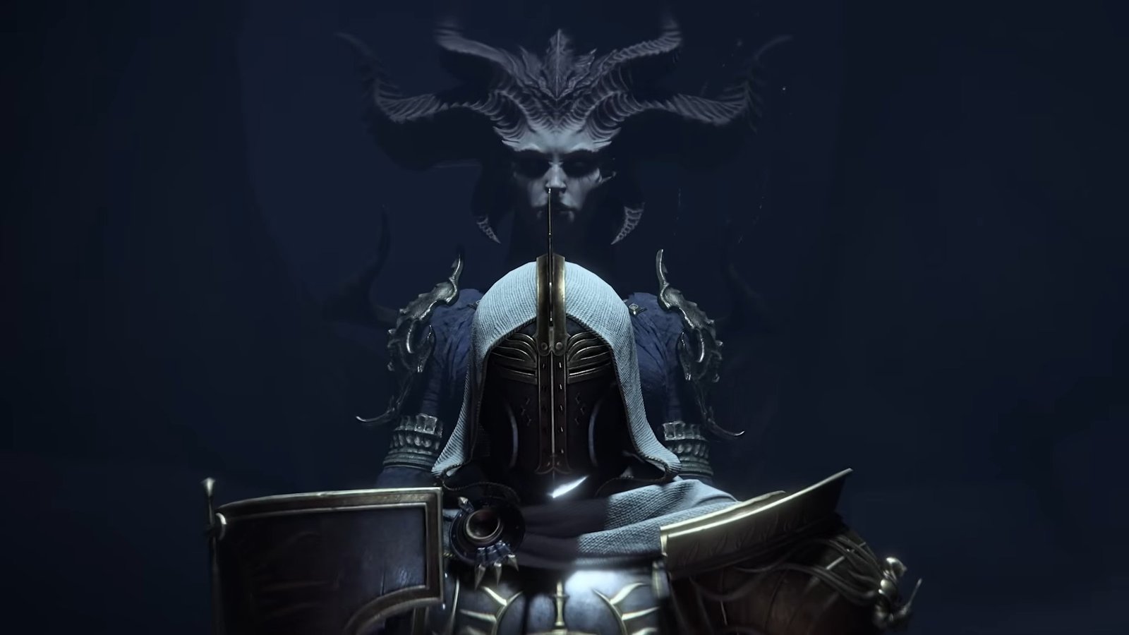Diablo 4 Lord of Hatred launch trailer screenshot shows a character wearing armor, stood in front of Lilith.