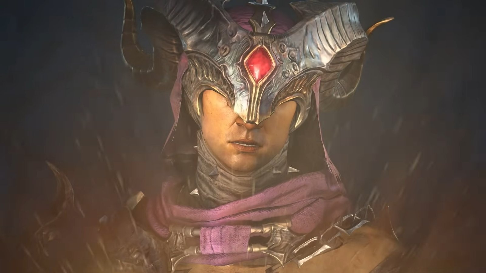 Diablo 4: Lord of Hatred launch trailer screenshot shows a character with a horned helmet.