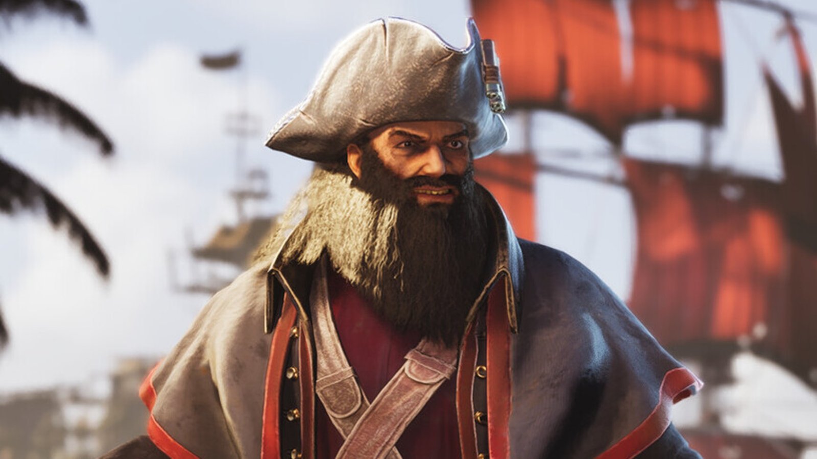 A bearded pirate grins as ship sails billow in the background