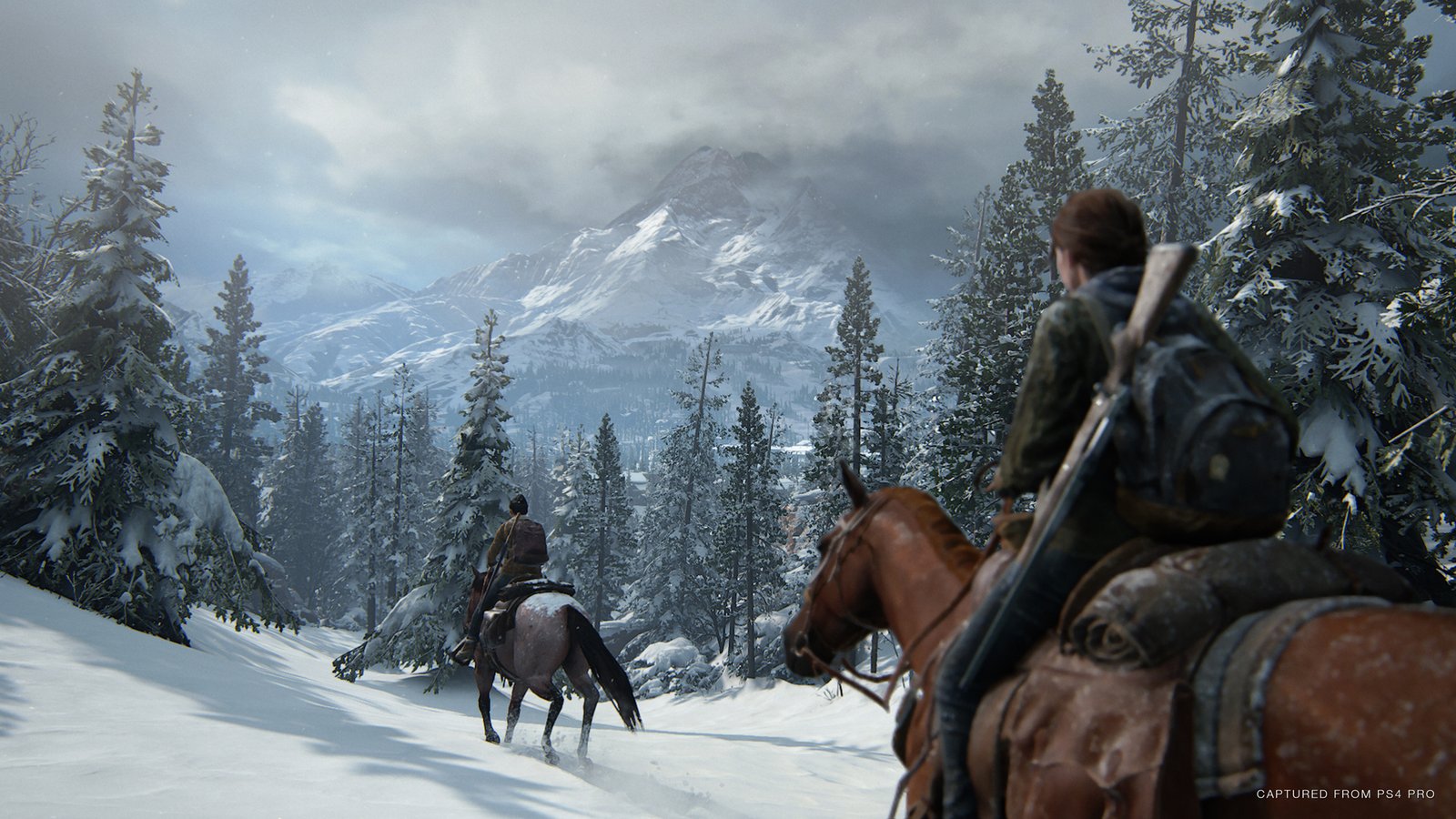 The Last of Us Part 2 screenshot shows two characters riding on horses across a snowy landscape.