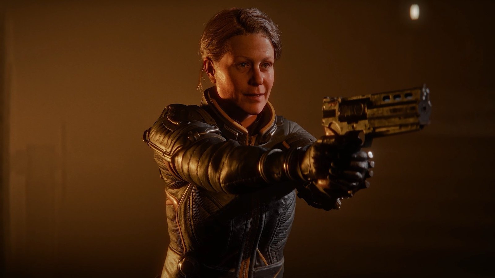 Soltari Echelon 4 commander Sheridan Bouchard stands with a handgun raised in Saros