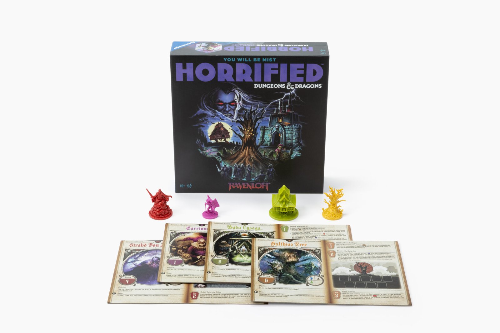 Horrified: Dungeons & Dragons - Ravenloft box, tokens, and cards laid out on a plain background