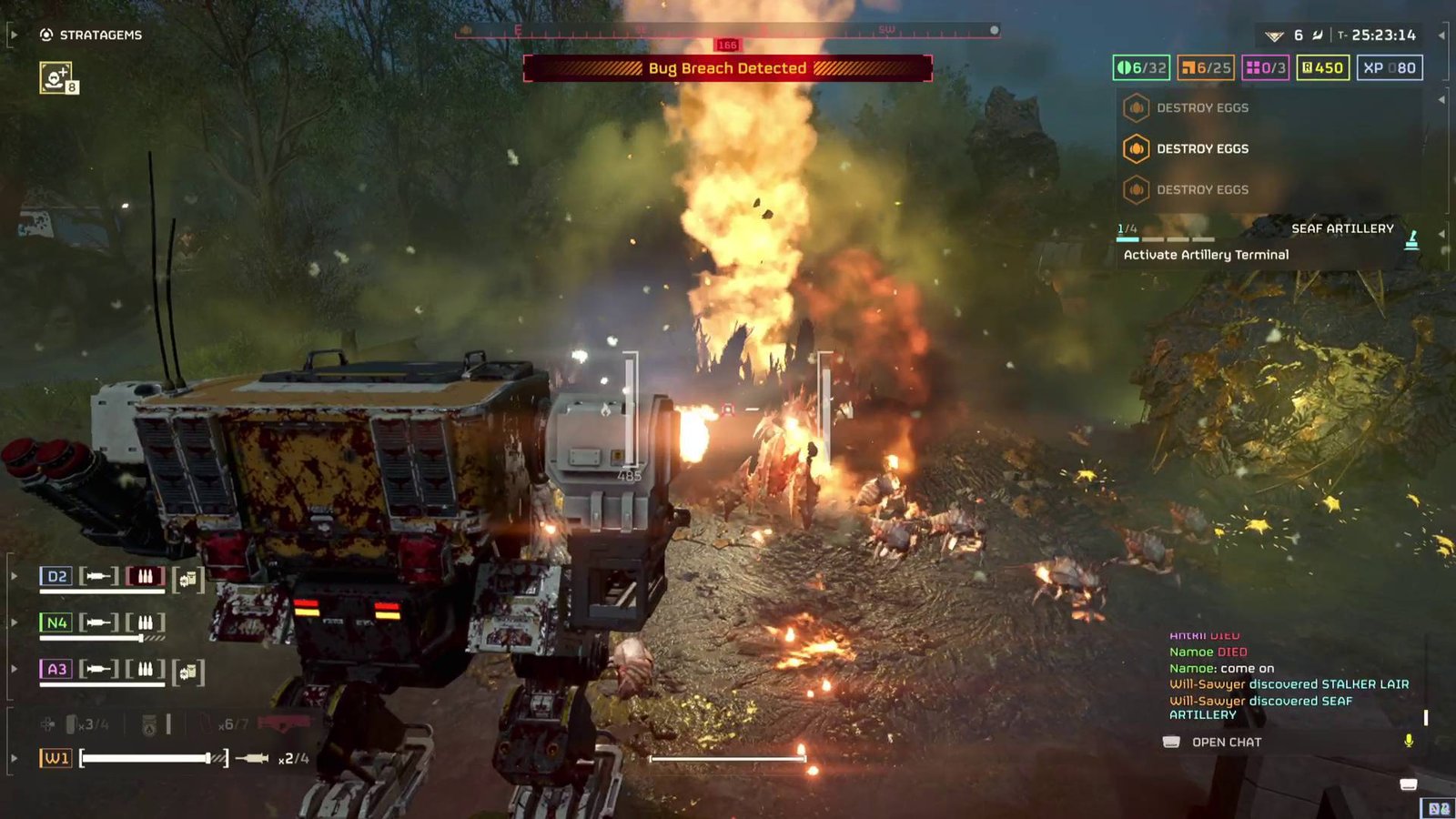 Helldivers 2 Exo Experts Warbond Lumberer exosuit using flamethrower on terminids