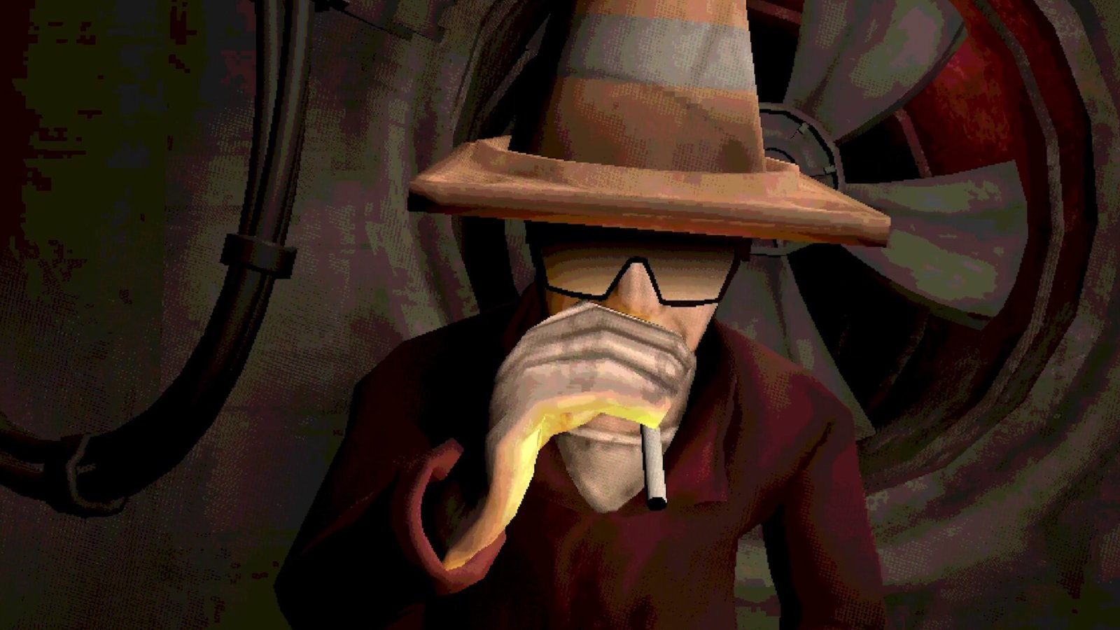 Man wearing traffic cone as a hat smokes cigarette