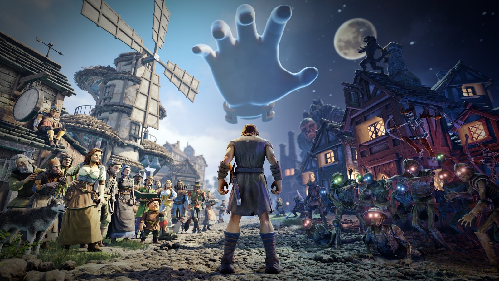 Masters of Albion artwork showing a man stood beneath a giant spectral hand in the sky, with a thriving village on one side and zombies on the other