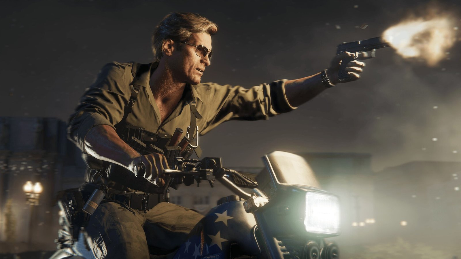 Black Ops games in order: A man on a motorbike shooting a gun during Black Ops 6