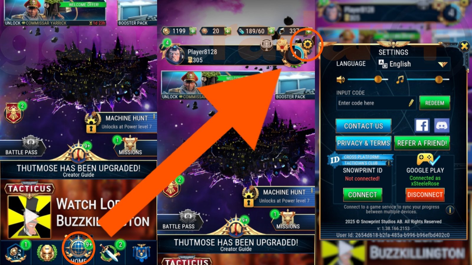 An orange arrow points the player between the Home screen, the settings menu, and the Tacticus codes redemption screen.