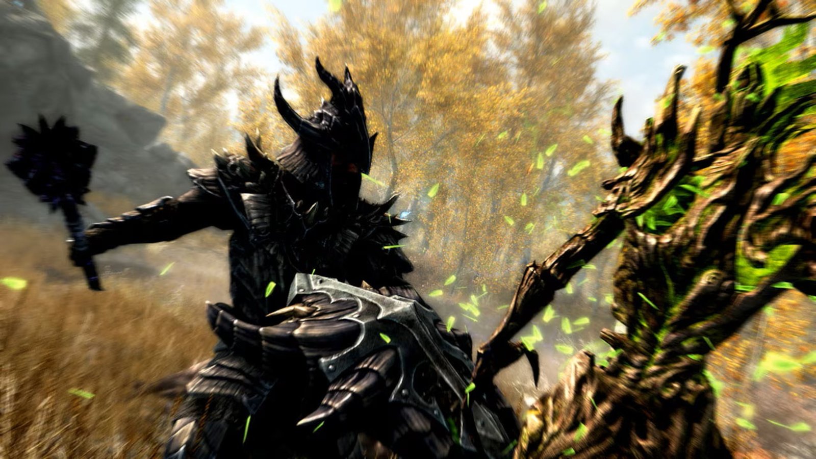 In Skyrim on PS5, the Dragonborn fights against a tree-like Spriggan