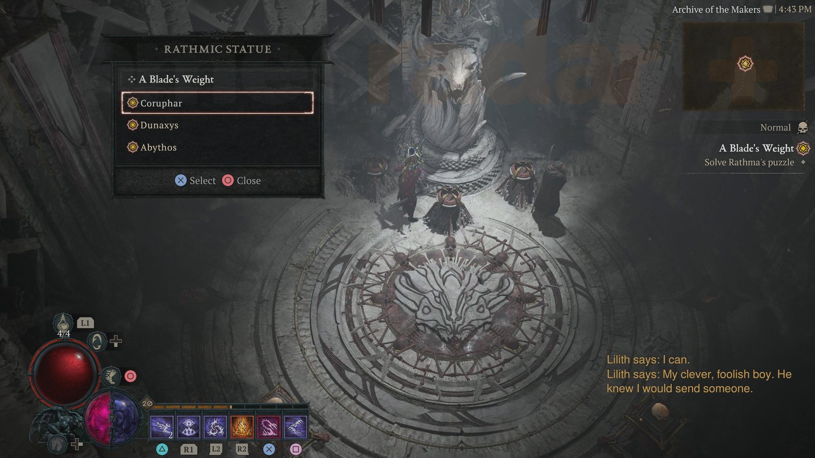 Interacting with the statue to solve Diablo 4 Rathma's Puzzle