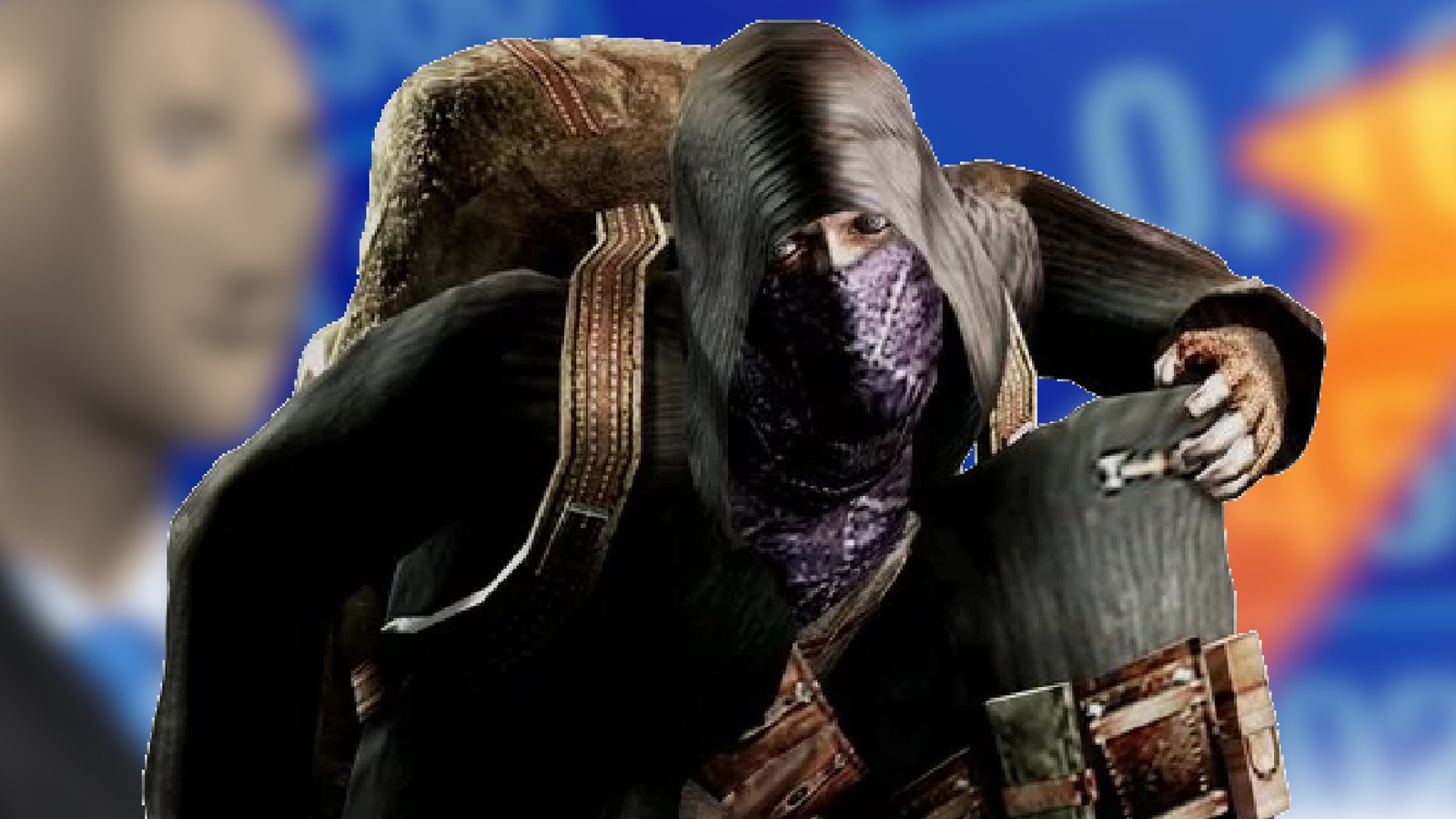 The Resident Evil 4 merchant in front of the Stonks meme