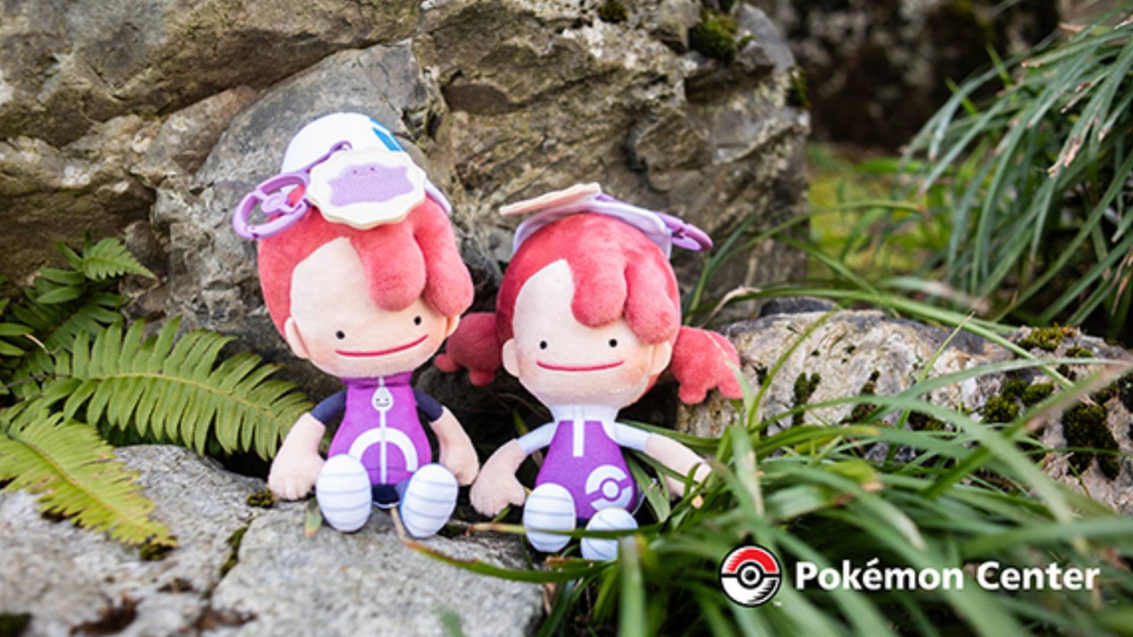 Official Pokemon Center image of the two Pokemon Pokopia plushies sitting on a rock.