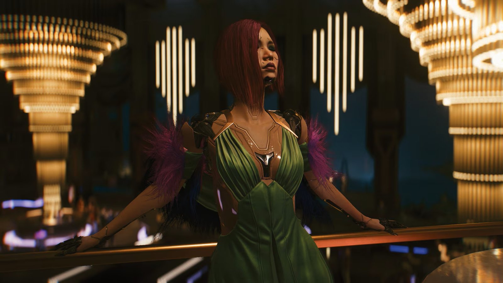 In Cyberpunk 2077 Phantom Liberty on PS5, Songbird stands at a banister before a grand stage in a casino