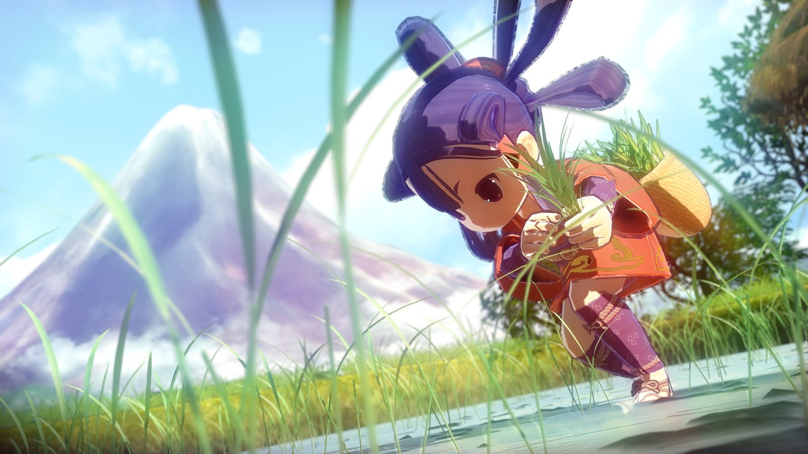 Sakuna harvesting a field of rice with a mountain in the background, showing the farming mechanics during the game, Sakuna: Of Rice and Ruin