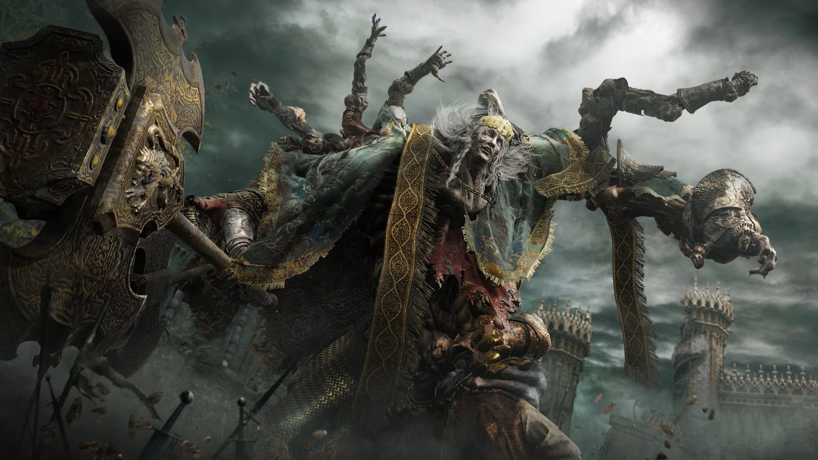 In Elden Ring on PS5, boss Godrick the Grafted, who has many arms and wields a large hammer, looms beneath a grey sky