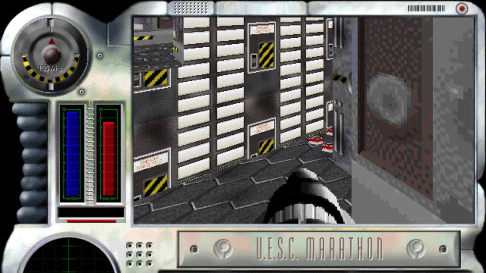 A screenshot of Classic Marathon showing the player watching a row of servers