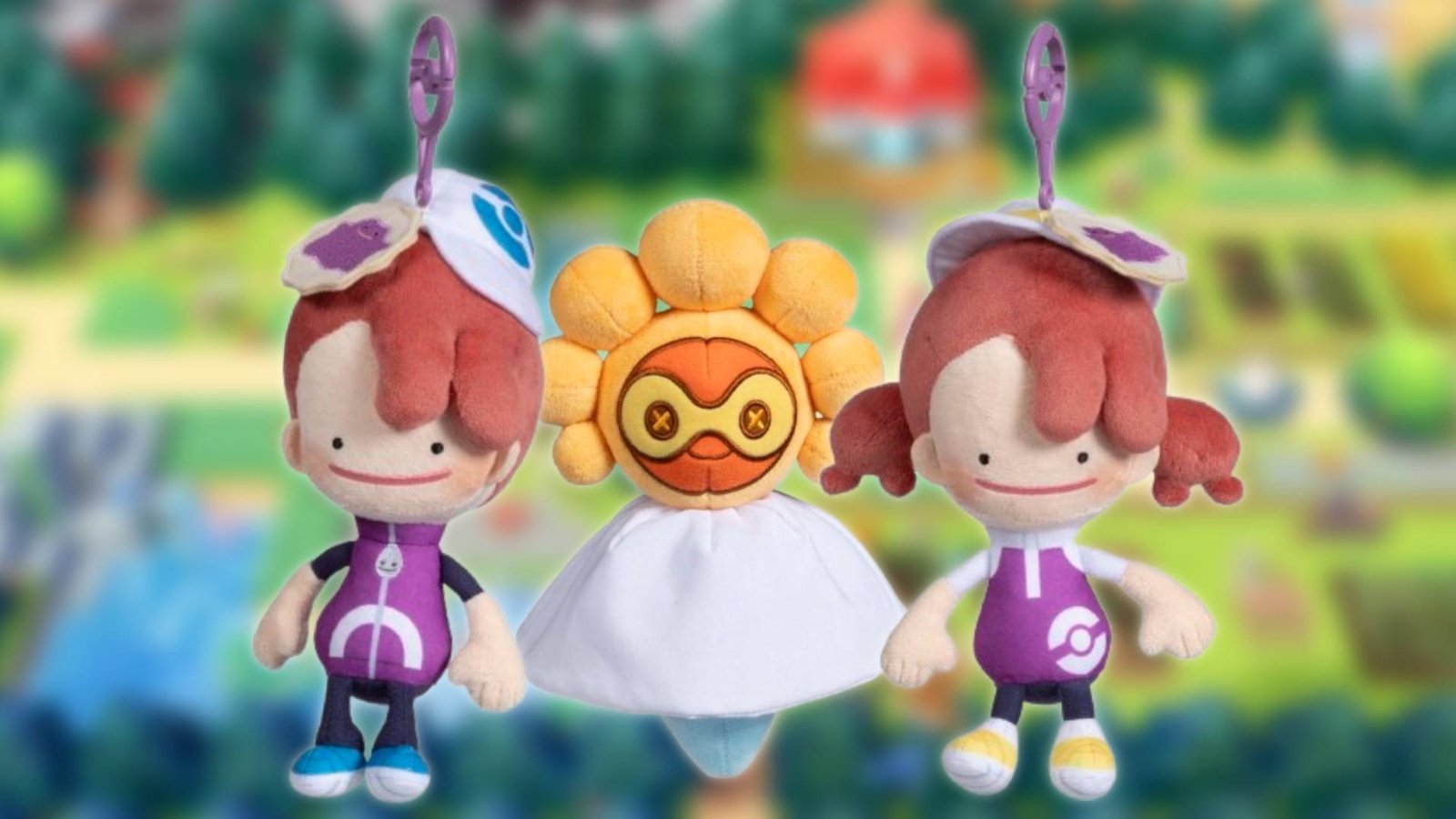 Image of the set of Pokemon Center Pokemon Pokopia plushies sitting on top official Nintendo key-art of the game.