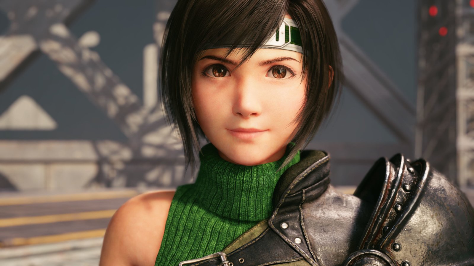 Yuffie, who has short brown hair and wears a headband, stands smiling in Final Fantasy 7 Remake Intergrade on PS5