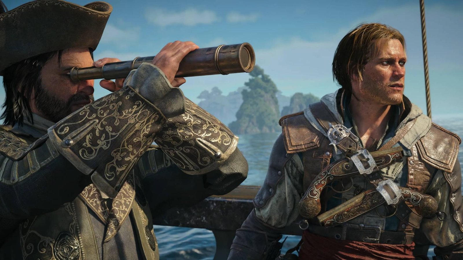Assassin's Creed Black Flag Resynced reveal screenshot shows Edward Kenway stood next Blackbeard looking through a telescope.