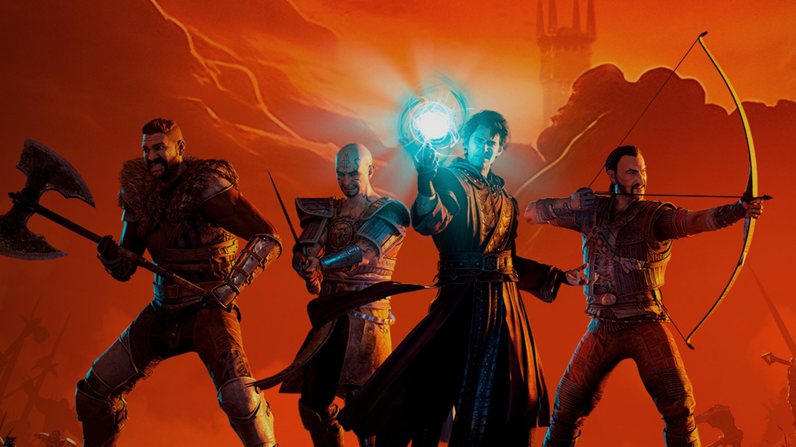 Hero artwork in Gothic 1 Remake cropped for a header image, showing four characters wielding a range of weaponry including axes, swords, bows, and magic