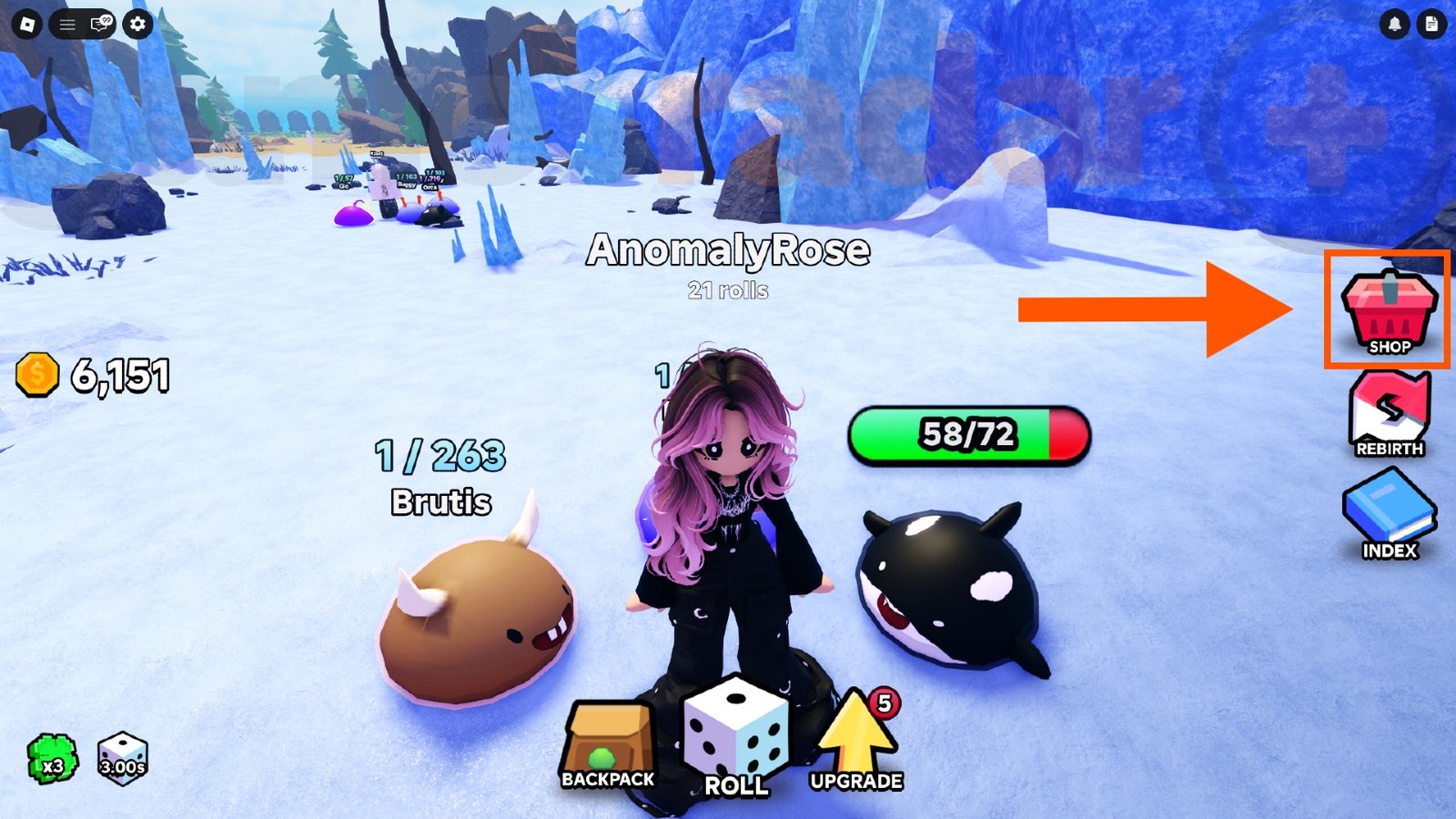 An orange arrow points to the shop button where you can redeem Slime RNG codes.